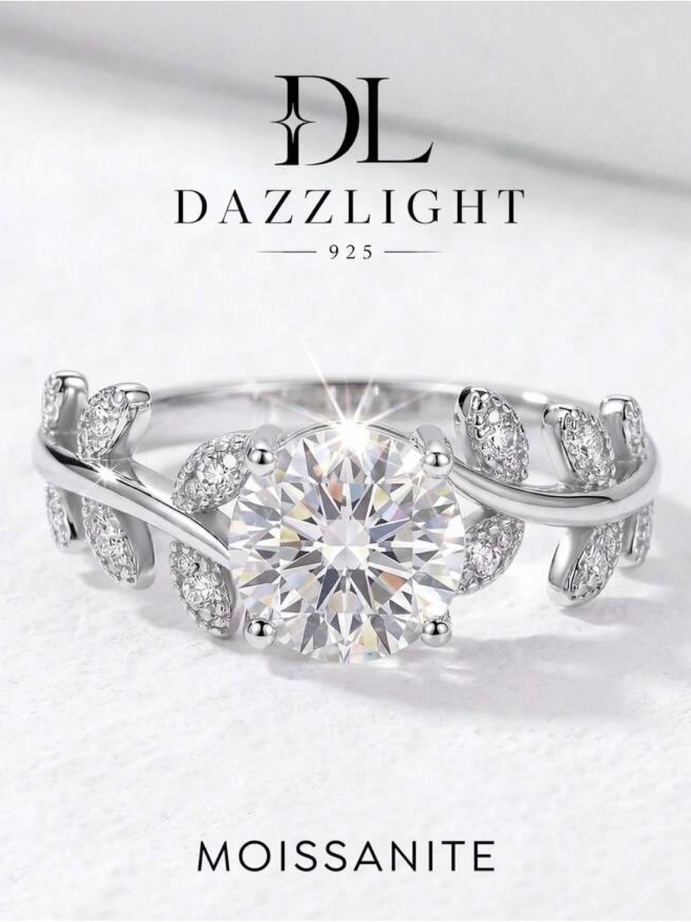 Sterling Silver Moissanite Leaf Engagement Ring in Silver